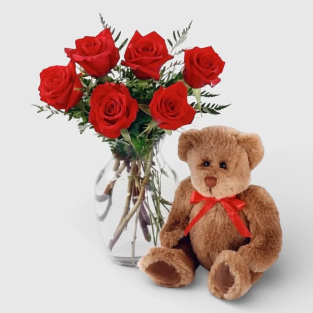Bouquet de roses ' Je t'aime ' et ours en peluche