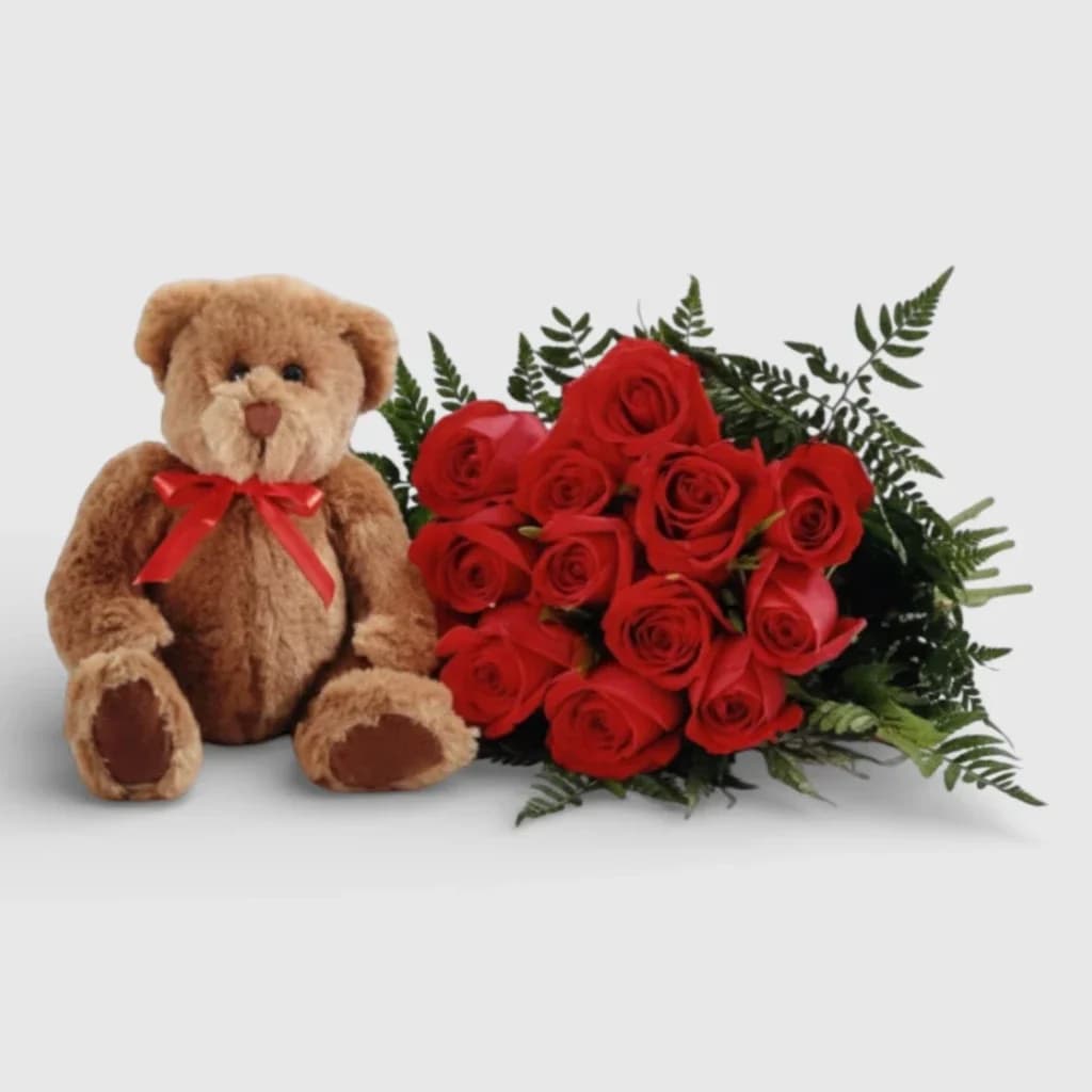 Bouquet de roses ' Voiles écarlates ' et ours en peluche