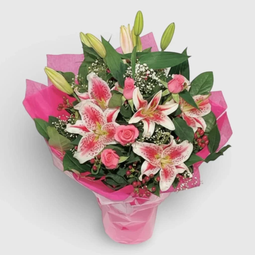 Bouquet de roses et de lys ' Chanson rose '