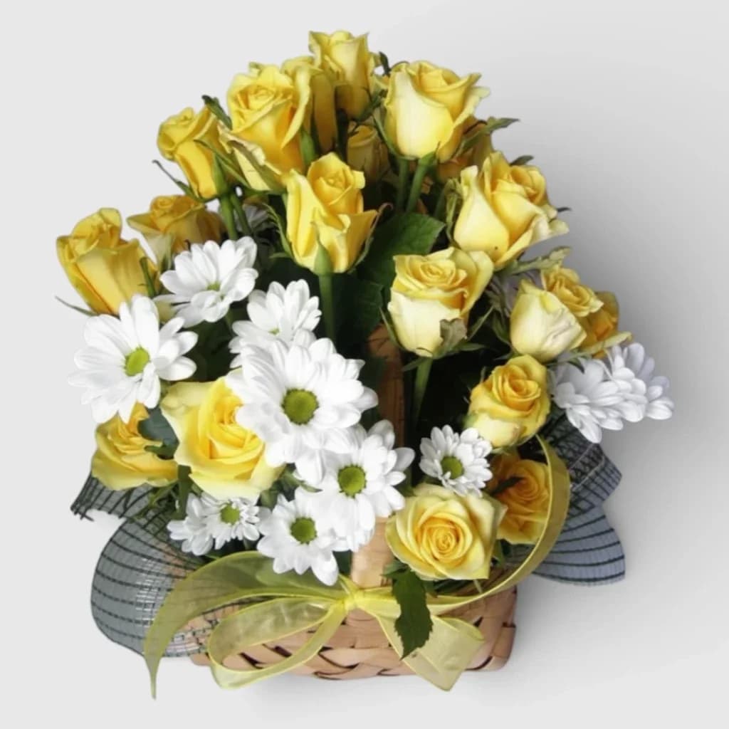 Panier de roses et de chrysanthèmes ' Soleil de l'Orient '