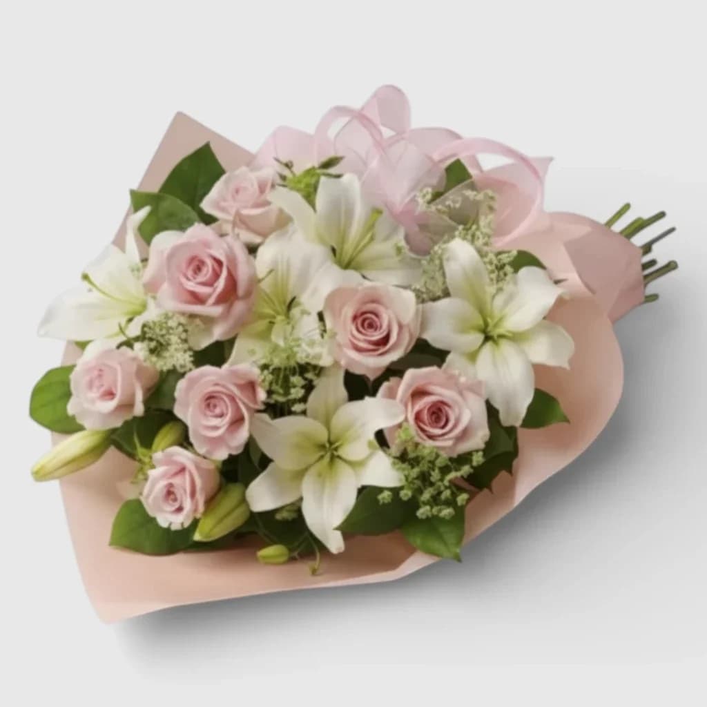 Bouquet de roses roses et de lys blancs ' Adèle '