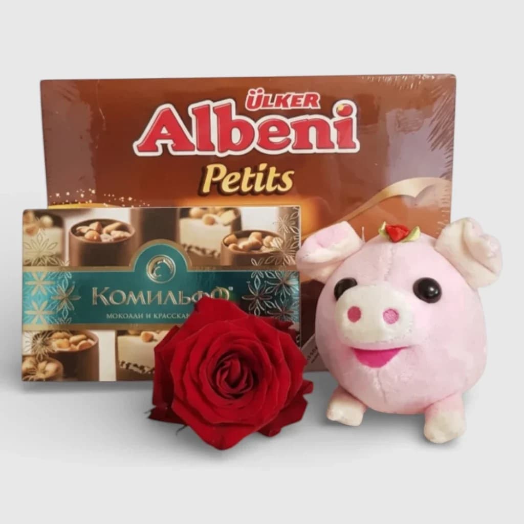 Cochon en peluche avec une rose et des bonbons