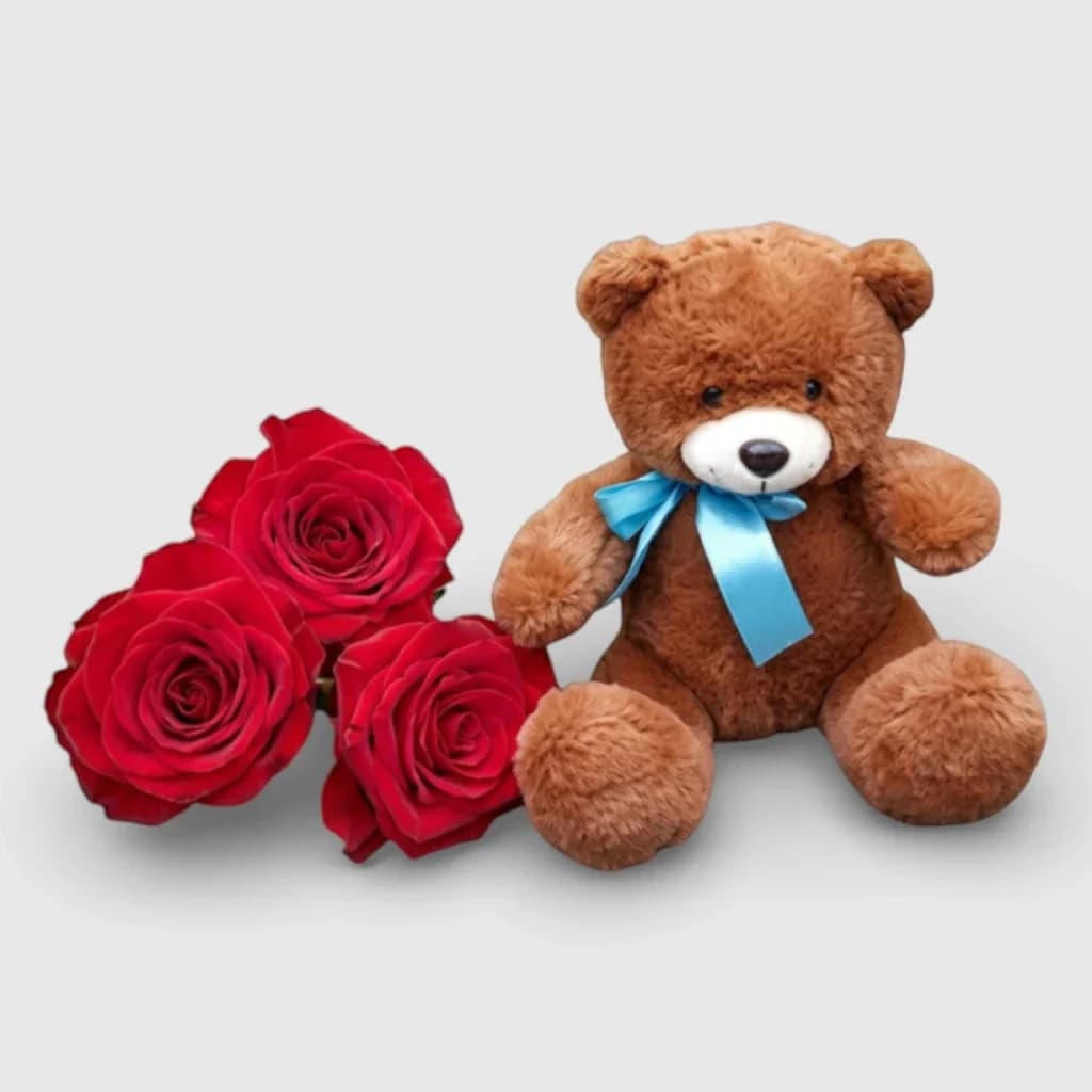 Bouquet de 3 roses rouges et ours en peluche