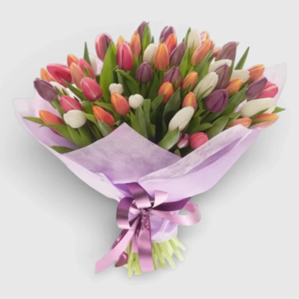 Bouquet de 51 tulipes multicolores ' Fontaine de couleurs '