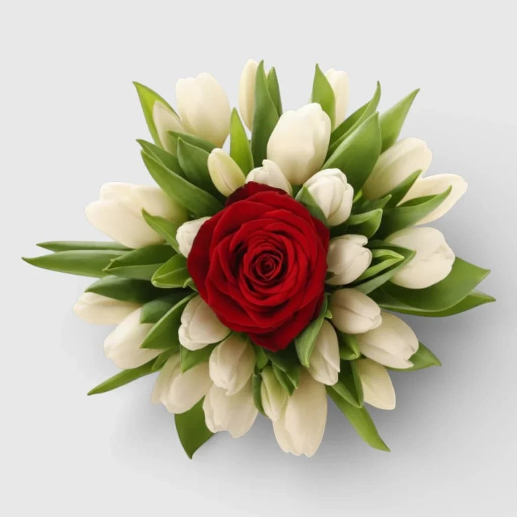 Un bouquet de fleurs : une rose rouge et des tulipes blanches.