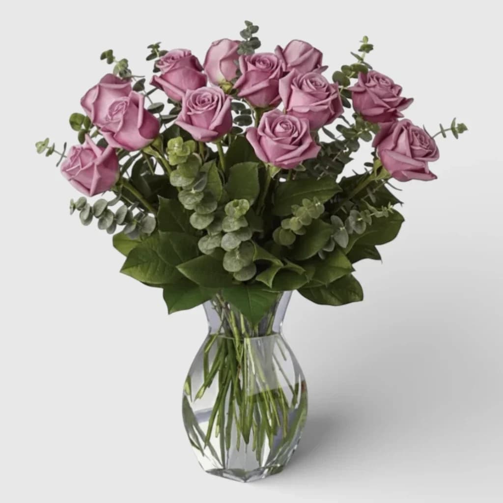 Bouquet de 15 roses roses avec eucalyptus