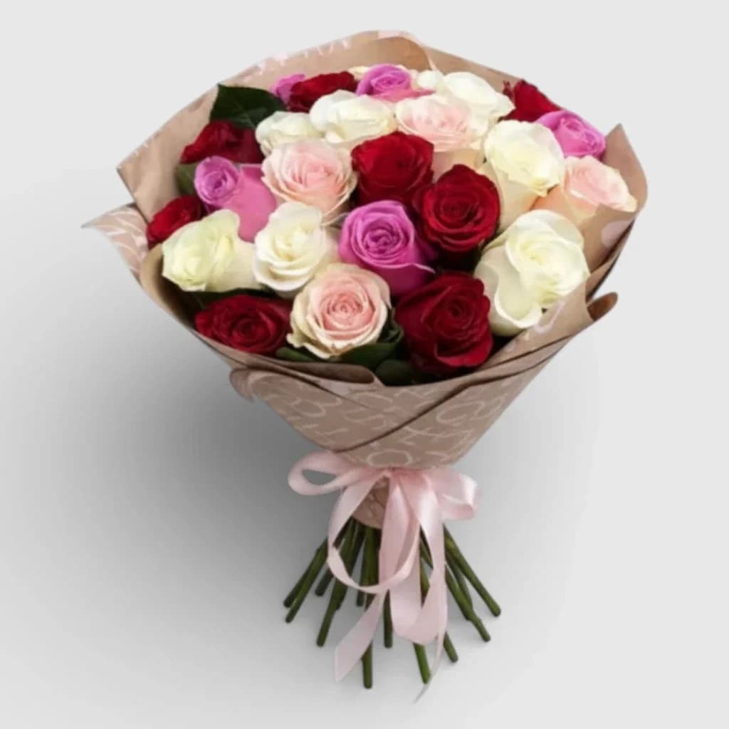 Bouquet de 25 roses multicolores
