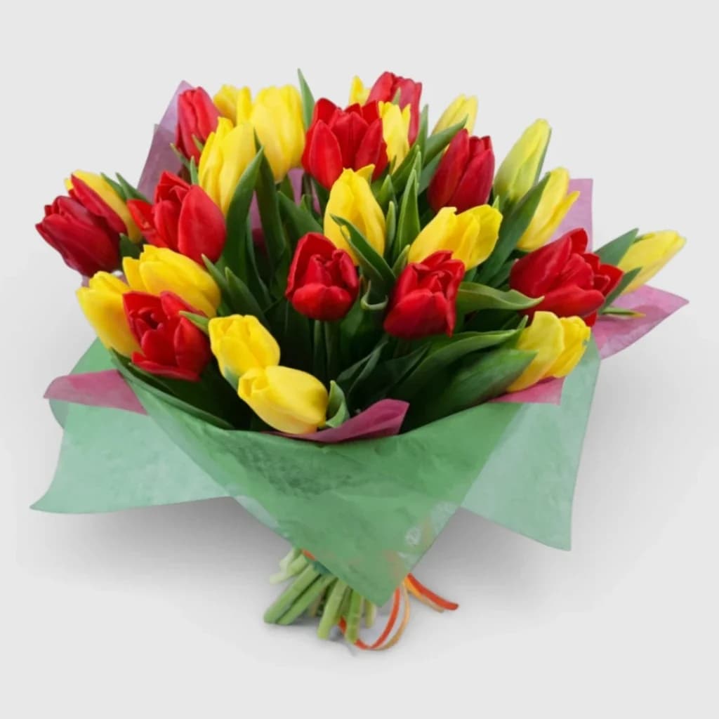 Bouquet de 25 tulipes jaunes et rouges