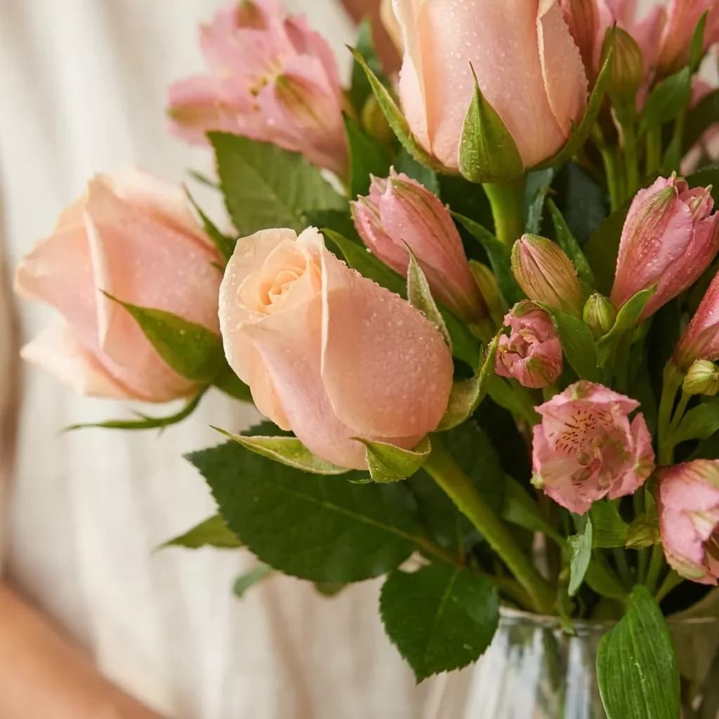 Bouquet de roses roses et d'alstroemères ' Duo tendre '