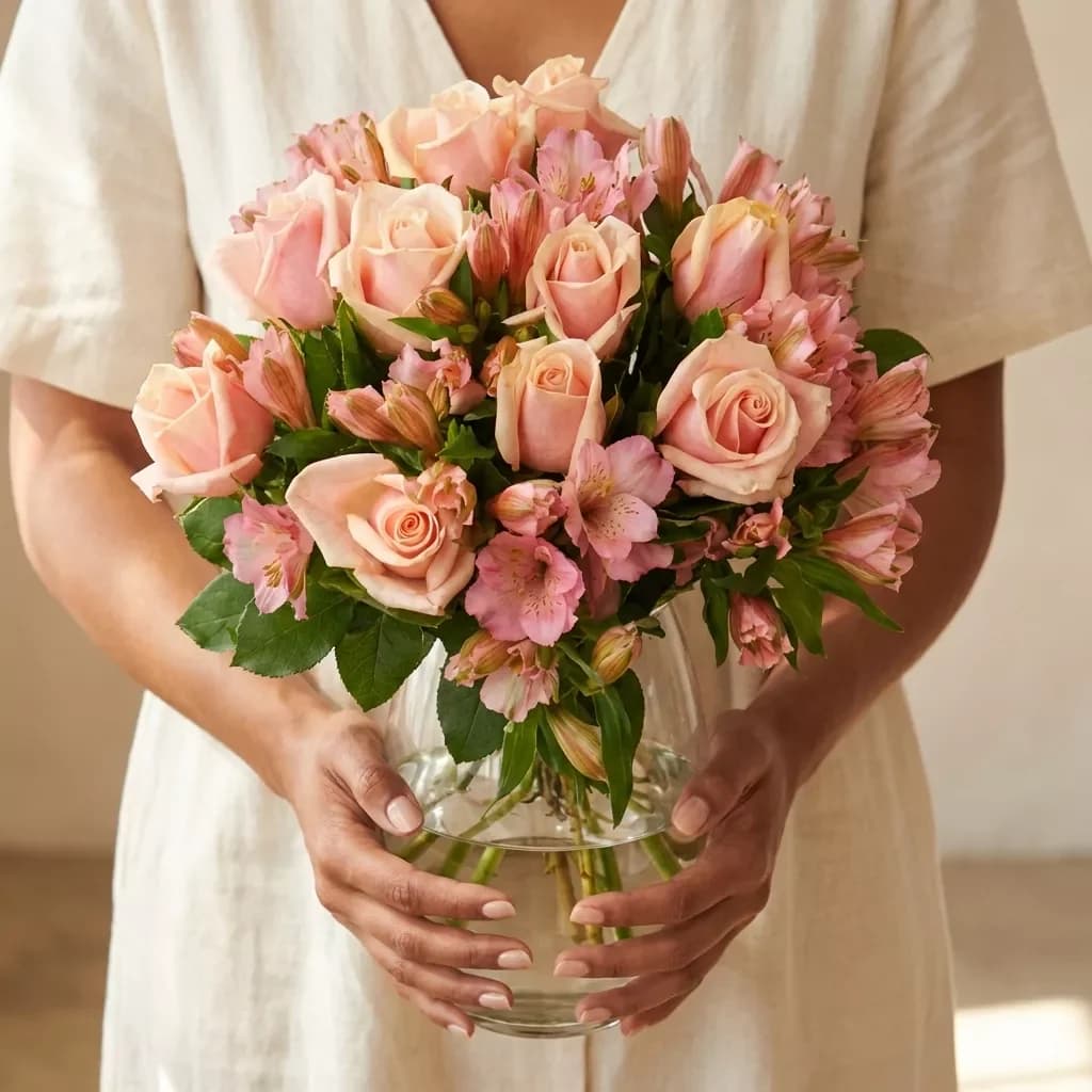 Bouquet de roses roses et d'alstroemères ' Duo tendre '